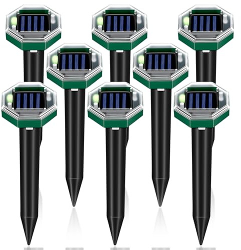Mole Repellent Solar Powered Gopher Snake Repellent for Yard Lawn Garden, IP65 Waterproof Ultrasonic Deterrent Stakes Get Rid for Vole, Groundhog, Squirrel, Rat, Mice, Rodent, Skunk Repellent, 8 Pack