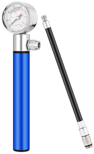 Mikikit Bomba de Aire para Bicicleta y Balones Deportivas, Portátil de Aluminio, con Manómetro, Tamaño Compacto, Color Azul, Inflador para Baloncesto, Voleibol y Fútbol, Adecuado