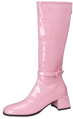 TNMIUH Stivali Alti Donna Vernice Effetto Tacco Largo Medio Stivale al Ginocchio Donna Punta Quadra Cerniera Gogo retrò Scarpe da Festa Moda - Nero Bianco Rosso Rosa,Rosa,42 EU