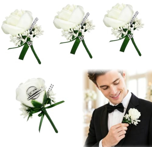 6 PCS Rose Wedding Boutonniere White Rose Boutonniere Men's Buttonhole Clip | Handmade Corsage Buttonhole Flowers Artificial Wedding Flower Button Holes for Groom Bridal Women Suit Dress Banquet Party