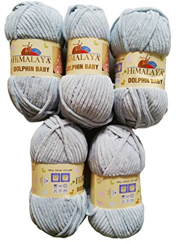 Ilkadim 5 x 100 Gramm Himalaya Dolphin Strickwolle, Babywolle, 500 Gramm Wolle Super Bulky (hellgrau 80325)