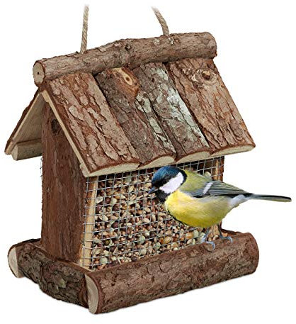 Relaxdays Mangeoire pour Oiseaux en Bois, à Suspendre, HLP 17 x 15 x 12 cm, à silo, Distributeur de Nourriture, Nature