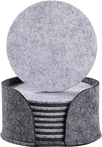 Filzuntersetzer 8er Set mit Untersetzerhalter, doppelseitig hellgrau und dunkelgrau, runde Untersetzer für Getränke, 5 mm dicker Filz, hochsaugfähige Tassenmatten (Grau)