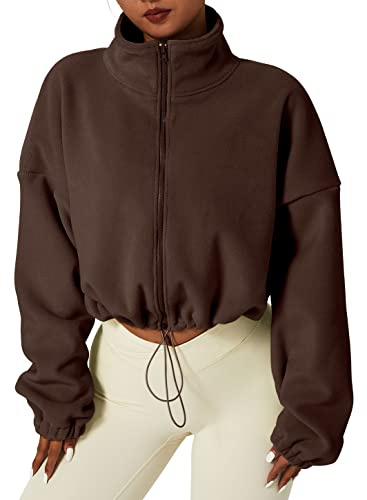 QINSEN Women's Short Fleece Jacket Full Zip Polar Fleece Crop Outwear Winter Warm Stand Collar Coat Caramel Coffee S