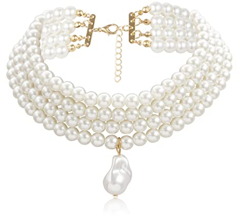 NIANOPKM Collar Perlas Imitación Vintage,Collar De Gargantilla Perlas Múltiples Capas Cortas,Fiesta De Fiesta De Graduación Temática Gatsby De Los Años 20 Accesorio De Disfraces De Estilo Elegante