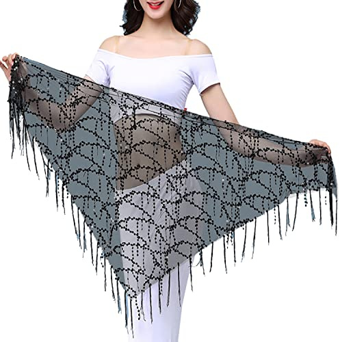 Wuchieal Women's Belly Dance Sequin Triangle Hip Scarf Sequins Mesh Triangle Wrap Skirts Black-Black