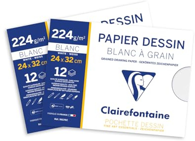 Clairefontaine 96176AMZC - Lot de 2 Pochettes Dessin Scolaire - 12 Feuilles Papier Dessin Blanc à Grain - 24x32 cm 224g - Idéal pour les Arts Plastiques