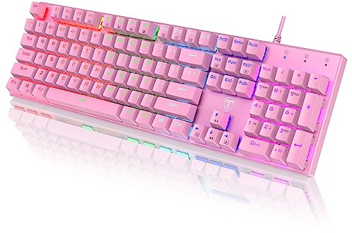 RisoPhy Mechanical Gaming Keyboard, Wired RGB 104 Keys, Blue Switch, Pink