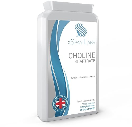 Choline Bitartrate 730mg Daily Dosage, 120 Vegan Choline Capsules - Helps to Maintain Normal Liver Function - No GMOs, Dairy, or Gluten - Made in The UK in Accordance with The GMP Code of Practice