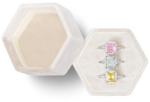BLUTETE Velvet Jewelry Ring Box,Hexagon 3 Slots Wedding Day Ring Box,Premium Vintage Ring Display Holder Case for Wedding Ceremony Proposal Engagement(Champagne)