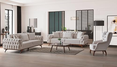 Emporium Furniture Chesterfield Cream Velvet Living Room Furniture Set, Sofa bed 3 & 2 seater Loveseat Sofas Couches & Armchairs (Cream, 3+2+1 Seater)