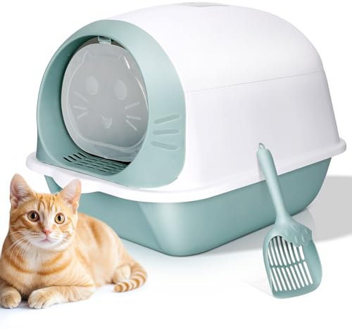 MASTERTOP Cat Litter Tray, Cat Litter Box with Anti-Spillage Lid, Enclosed Cats Litters Toilet with Charcoal Filter Odor Control, Extra Deep Hooded Litters Tray for Kittens - White and Green