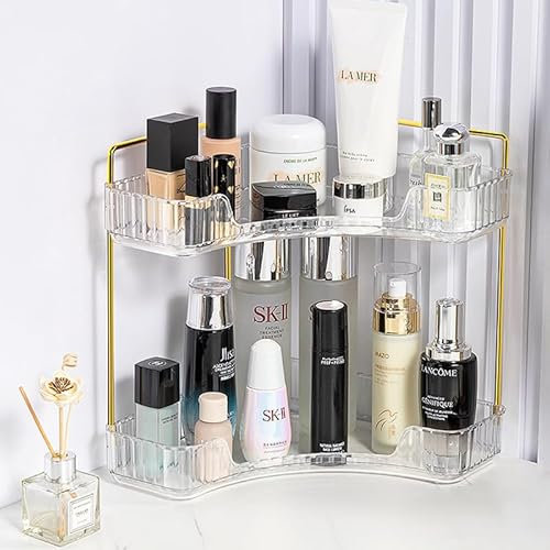 LEIKOSUP Organizzatore di Trucco, organizzatore angolare per il bagno, Organizzatore di Cosmetici ad Grande Capacità, Organizer Trucchi Multifunzione Adatti per Toeletta, Bagno, 2 Livello, Trasparente