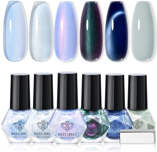 modelones Nagellack Set, 6 Farben Nagellack Schnelltrocknend Blau Glitter Grau Nail Polish Set, Langanhaltender Gel Polish Set für DIY Salon Geschenk Maniküre