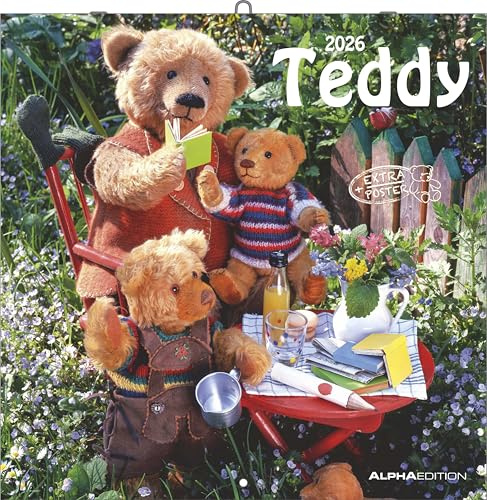 Alpha Edition - Calendario Teddy 2026 – Calendario da parete e calendario da 30 × 30 cm, aperto 30 × 60 cm con 12 simpatici motivi Teddy & poster, certificato FSC