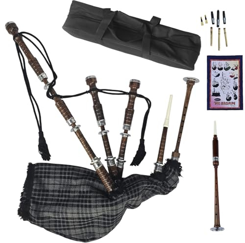 Natural Wood Bagpipe Complete Set | Carry Bag, Practice Chanter, Drone & Pipe Reeds, Tutor Book | Playable Highland Bagpipes in Multiple Tartan Colors (Gray Watch)