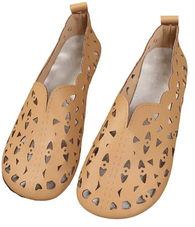 Summer Footwear for Ladies, Hollow Out Shoes Casual Extra Wide Fit Flats Comfortable Fit Shoes Stylish Casual Walking Shoes Lightweight Leather Moccasins Soft Leather Loafers Women Brown