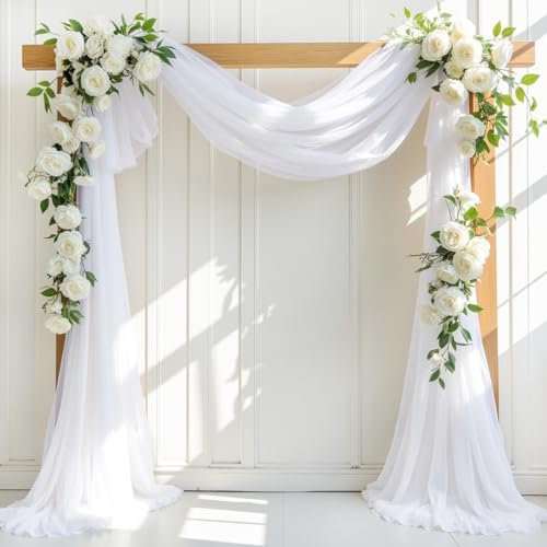 SHUOHONG Hochzeitsbogen Gazevorhang, Querbehang Transparent 75cm x 800cm, Tüll Hochzeits Hintergrund Vorhang, Traubogen Hochzeit für Fotohintergrund Hochzeit Torbogen Zeremonie Fotografie Party (Weiß)