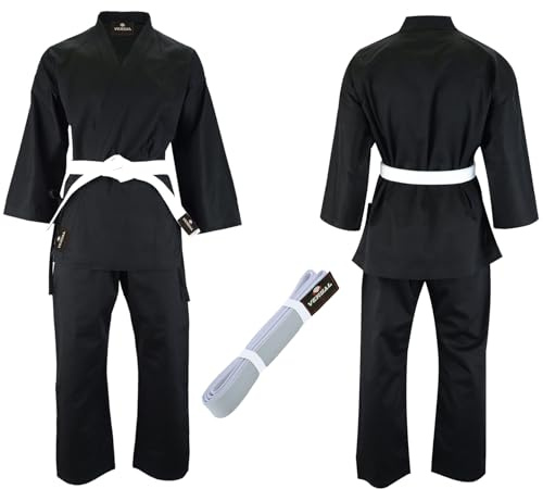VERSAL Karate Gi för barn/vuxna karate-uniform | student vit karatedräkt | 8 oz lätt polybomull kampsport träning sparring Taekwondouniform med bälte, Svart, 00/120cm