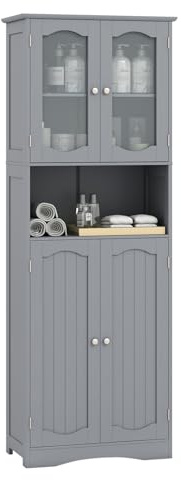 LIFEZEAL Armadio alto, mobile da bagno indipendente con ante in vetro, armadietto da bagno con ripiani regolabili, organizer per cucina, soggiorno, ufficio, 60 x 30 x 164 cm (grigio)