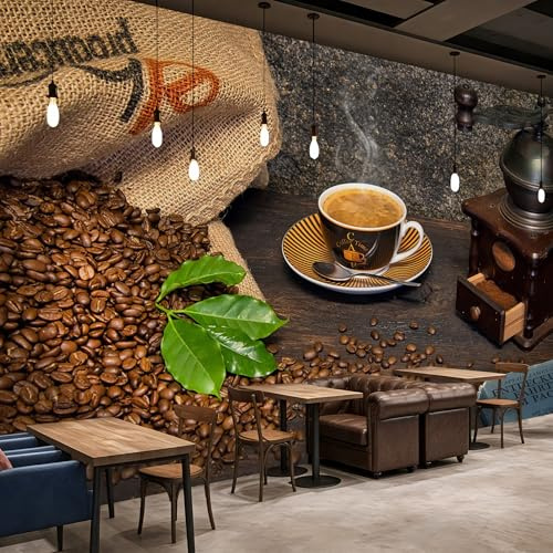 PaxGloz Fototapete Café Küche 3D Kaffee Tapete Bohnen Tasse Mühle Coffee Tapeten Vliestapete Modern Wandtapete Wohnzimmer Schlafzimmer Caféhaus Wanddeko Motivtapeten 150 x 105 cm (B x H)