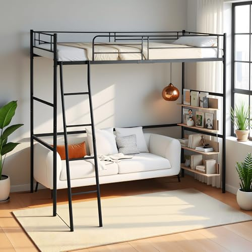 DORAFAIR Letto a Soppalco 90x200 cm Metallo per Adultiin e Ragazzi con Scala, con bracciolo di sicurezza, Protezioni Anti-Caduta e Spazio Libero Sotto, Nero