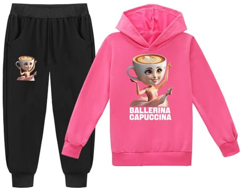YuanDiann Tuta da ginnastica per bambini Ballerina Cappuccina con stampa Brainrot italiana, cappuccio + pantaloni da jogging, set 2 pezzi, sport, casual, per ragazzi e ragazze, felpe con cappuccio e