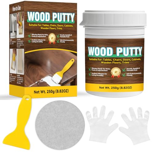 Stucco per Legno Riempitivo, Kit Universale Stucco Legno Bianco per Mobili e Pavimenti, Formula Rapida, Carteggiabile e Verniciabile per Riparare Crepe, Buchi e Difetti su Legno (250g)