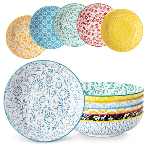 vancasso Selene 40 OZ Colorful Floral Pasta Bowls Set of 6, 1200 ML 8.5 Inch Large Ceramic Serving Bowls for Salad, Soup, Noodles, Fruit, Microwave and Dishwasher Safe Dinner Sets, House-Warming Gift