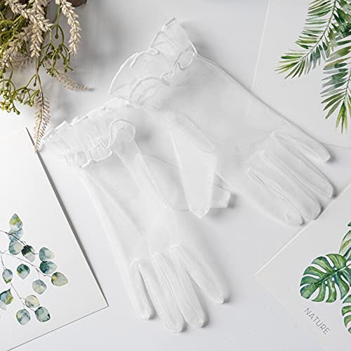 PTNKUIIY Hochzeit Braut Handschuhe, Tüll Kurze Vintage Abendhandschuhe Opern Party Sommer Sonnenschutz Transparent Netzstoff Mesh Handschuhe Damen Fasching Kostüm Accessoires, Weiß