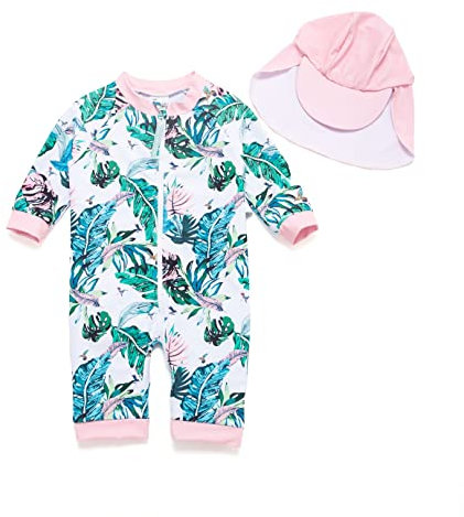 ADAVERANO Baby Mädchen Badebeklideung/Sonnenanzüge UV50+ In einem Stück Durchgehender Reißverschluss vorne mit Sonne Hut.(Blätter,74-80Cm)