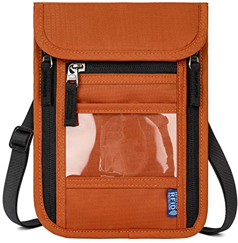 WACCET Brustbeutel Herren Dame mit RFID Schutz, Reise Brustbeutel mit Mehreren Taschen Versteckter Reisegeldbeutel Brusttasche für Bargeld, Karten, Schlüssel und Reisepass usw (Orange)