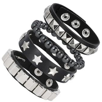 Manfnee Punk Lederarmband Spike Rock Nietenarmband von Männer Frauen Gothic Armbänder Schwarze Einstellbar