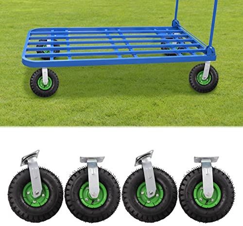10 Pneumatic Caster, 4pcs Industrial Casters Wheels Heavy Duty Rubber Inflatable Wheels Plate Mount 10 Inch Pneumatic Wheel Set for Freight Equipment, Wooden Pulley Cart, Furniture