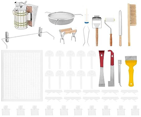 Wiesenfield WIE-BEESET-2 Imkerei-Starterset 37-tlg Smoker Stockmeißel Rähmchenhalter Honigmesser 10 Insektenfallen 10 Bienenfänger Set Bienen Anfängerset Imker Grundausstattung
