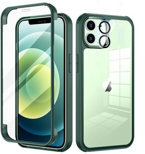 seacosmo Funda para iPhone 12 - Protección 360°, Protector de Pantalla de Cristal Templado, Película de Cámara, Diseño Rugged Slim, Verde