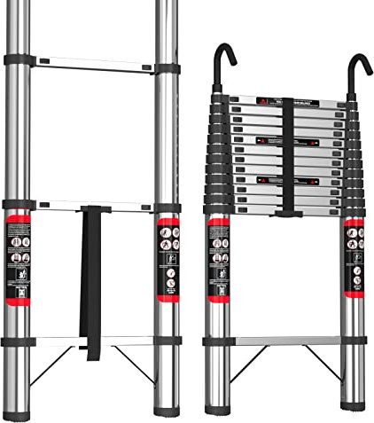 Escalera Telescópica con 2 Ganchos 5M/16.4FT Calera Extensible Multiusos para el Ático Escalera Plegable Portátil, 11 Peldaños, Carga Máxima 150kg, EN131