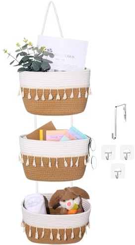 SiliFine Over The Door Hanging Basket Boho Woven Wall Hanging Baskets 3-Tier Cotton Wall Mounted Storage Organizer Bag Macrame Decorative for Kitchen Laundry Room Stairs(White, Jute)