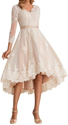Abiti da sposa linea A corti in pizzo e tulle, abito da sposa alto-basso a maniche lunghe per matrimonio civile, champagne, 54