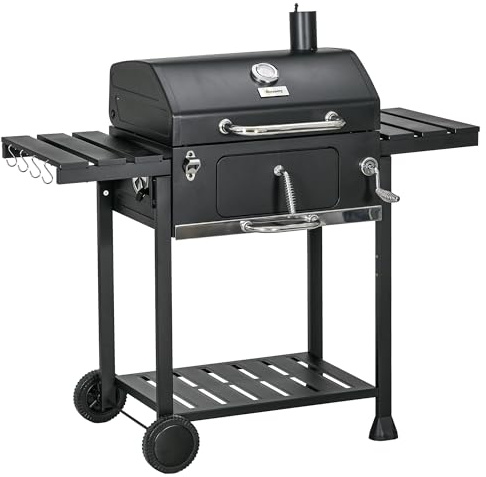 Outsunny Barbecue a Carbone con Griglia Regolabile e Ruote, BBQ con Coperchio, Tavolini Laterali, Termometro e Ripiano Inferiore, Nero