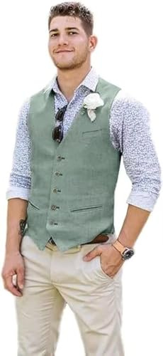 Wehilion Men Suit Vest Linen Light Green Beach Wedding Waistcoat Summer Casual Men Groomsmen Dress Vest M
