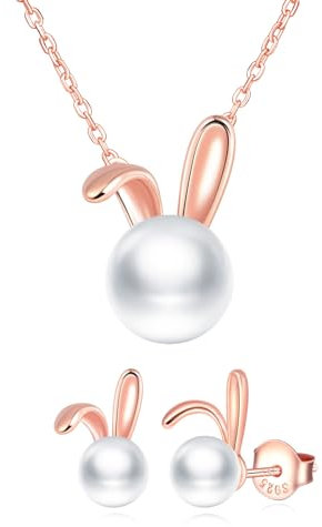 MICMIF Schmuck Damen Rosegold Kaninchen Anhänger Kette Ohrringe Set 925 Sterling Silber Hasen Schmuckset Halskette Ohrstecker Silber Für Frauen Mädchen