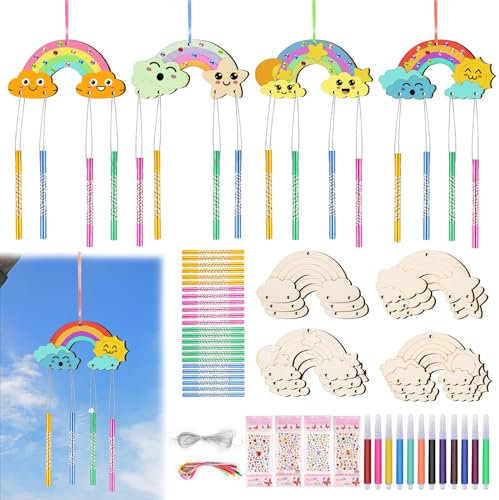Windspiel Bastelset Kinder 78 Pcs, Regenbogen Basteln Kindergeburtstag, Regenbogen Holz Klangspiel Basteln mit Hängendem Klangspiele, Holz Basteln Kinder für Mädchen/Jungen DIY Geburtstag Handwerk