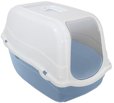 Rosewood Romeo Plastic Cat Litter Tray with Hood, Covered Cat Toilet, Charcoal Filter for Odour Control, Easy Clean - Light Blue/White