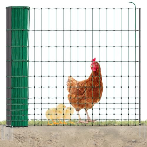 Kerbl AKO PoultryNet Premium Geflügelnetz - 50m Hühnerzaun, 122cm hoch, mit 15 fiberglas-verstärkten Pfählen, Doppelspitze, robust & UV-beständig, grün, ohne Strom