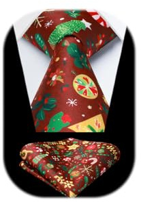 HISDERN Cravate Rouge Noel Homme Soie Ensemble Cravate et Mouchoir Cadeaux de Noël