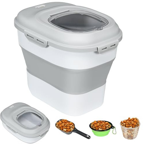 PawHut Hundefutter Aufbewahrung, 25 L Zusammenklappbar Futterbehälter mit Messbecher, Schüssel, Löffel für Hunde, Katzenfutter Aufbewahrungsbox mit Rollen, für Trockenfutter Grau