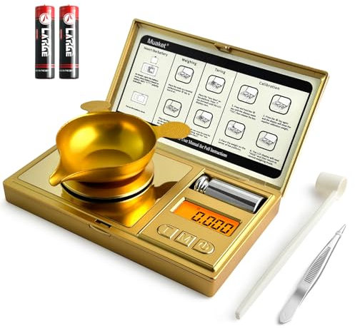 Muaket Báscula Precisión 0,001g/50g, Alta Precisión Balanza Miligramos con Pesas de Calibración, Balanza Precision Digital para Pesar Polvos, Medicamentos, Bascula Cocina con Pinzas y Bandeja, Oro