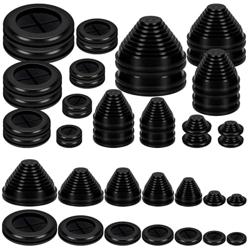 Mardatt Kit di 28 occhielli in gomma, 7 misure, a forma di torre e rotondi, a doppia faccia, solido foro chiuso, tappi di protezione per cavi, fori di trapano, elettrodomestici, impianti idraulici
