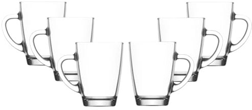 Glass Coffee Mugs with Handles - Set of 6, 300ml - Ideal for Tea, Coffee, Cappuccino - Hot Drink Cups for Home and Cafe